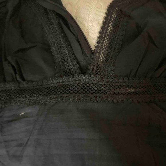 Plunging Neck Lace Ruffle Long Sleeve Mini Dress Black - Picture 5 of 12